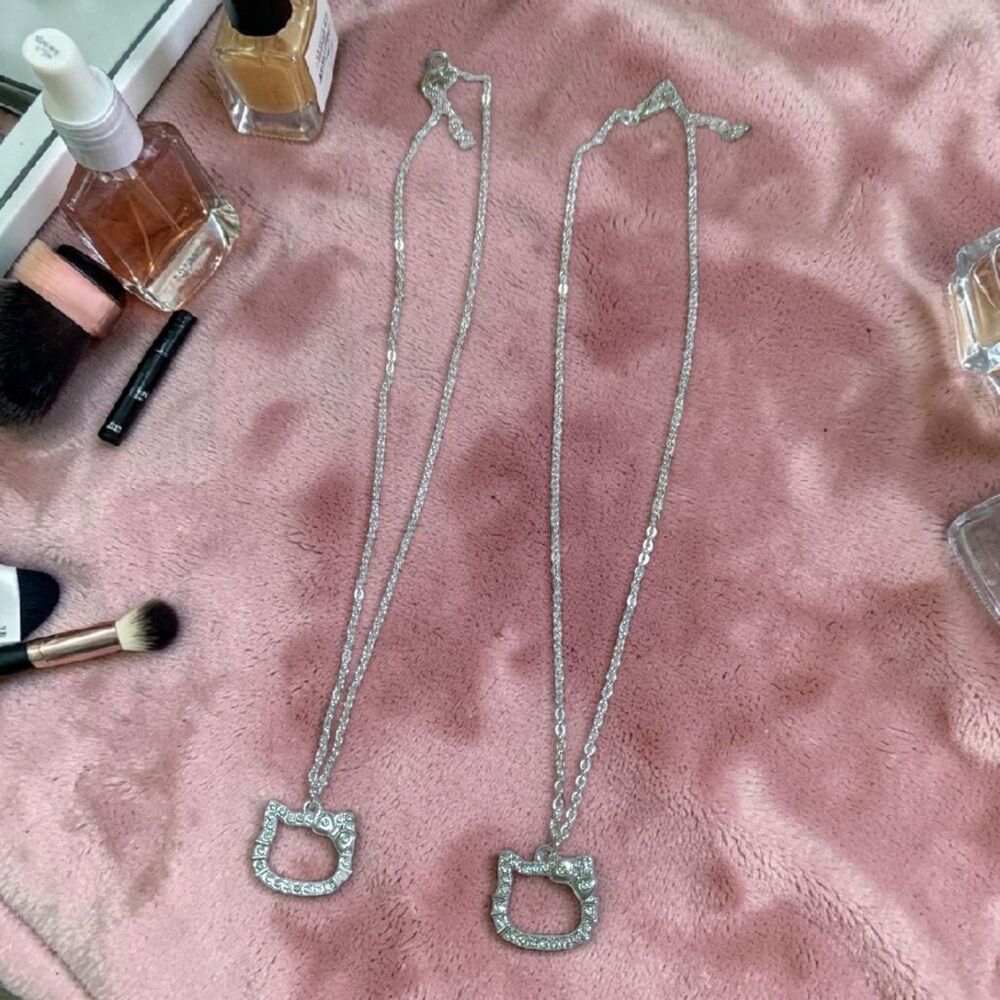 Silver Tone Rhinestone Cat Necklaces, Dainty Kitty Pendant Jewelry Set - Picture 3 of 5